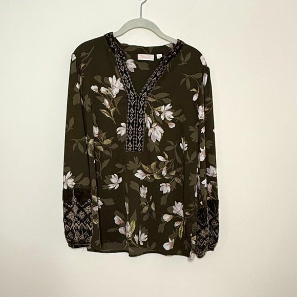 Belle Kim Gravel Women's Med Olive Green Boho VNeck Top w Velvet Trim and Cuff - Picture 1 of 8